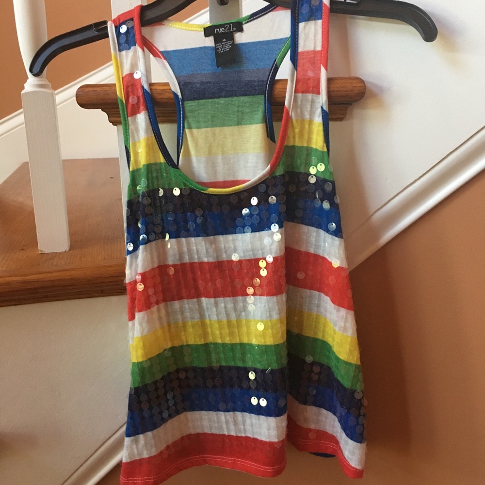Rainbow striped tank top w/clear sequins; M, rue21